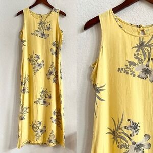 Vintage Yellow Floral Sleeveless Maxi Dress Side Slits Tropical Beachy Summer
